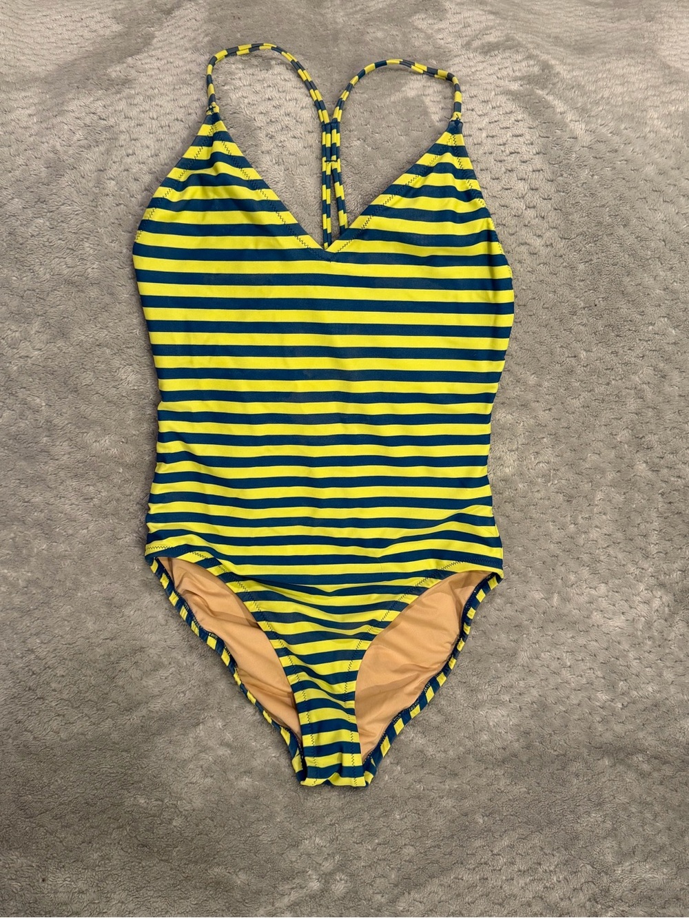 Women’s J. Crew Striped One-Piece Swimsuit in Bright Yellow and Teal Size 4